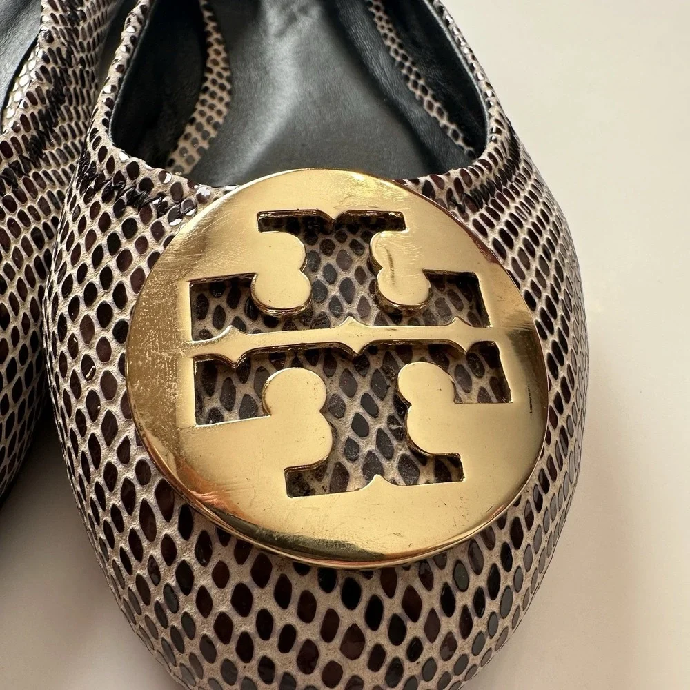 Tory Burch Ballet Flats Womens Gold Snake Print Leather Upper Shoes Size 7 M *R*